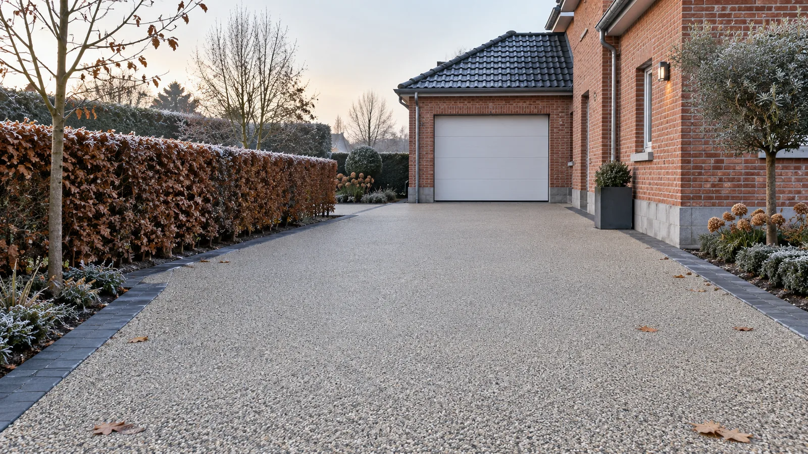 Allée carrossable en tapis de pierre devant une maison en brique