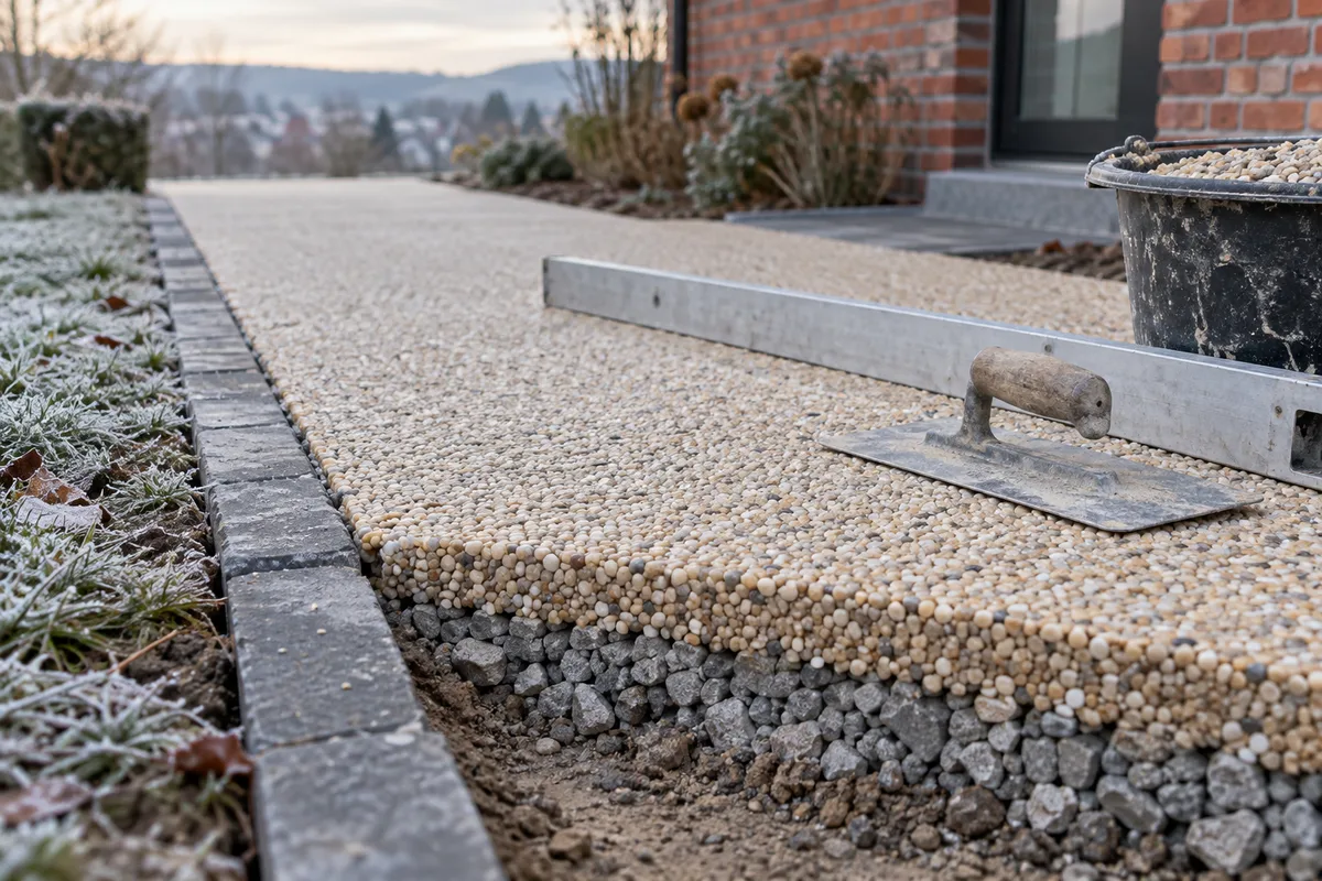 Coupe d'un tapis de pierre épais sur sa fondation compactée