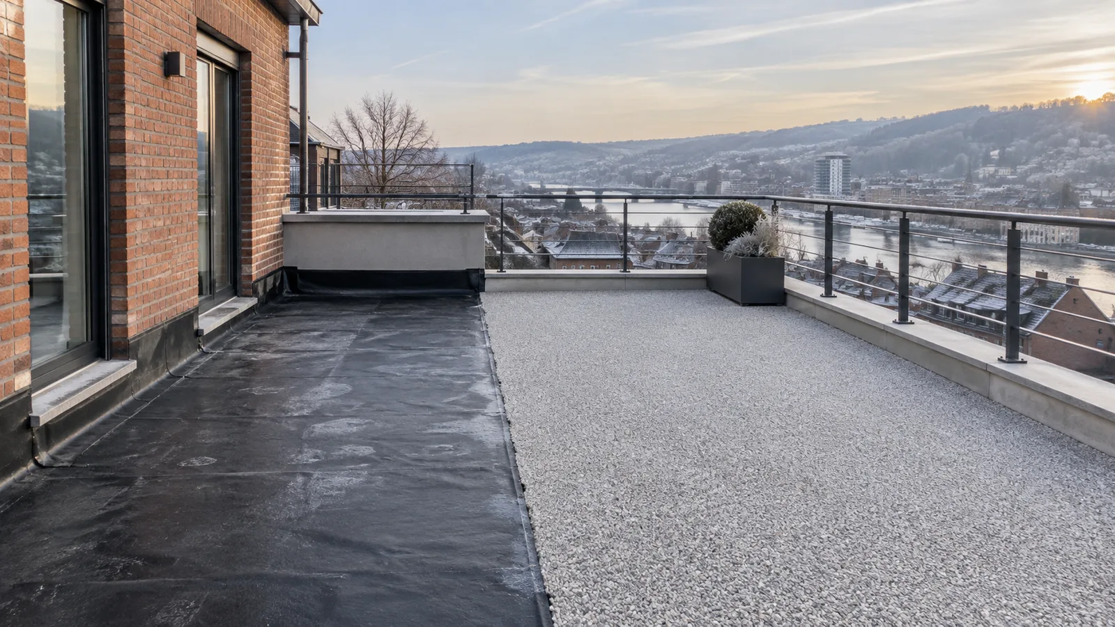 Terrasse en cours d'étanchéité, finie en tapis de pierre sur une moitié