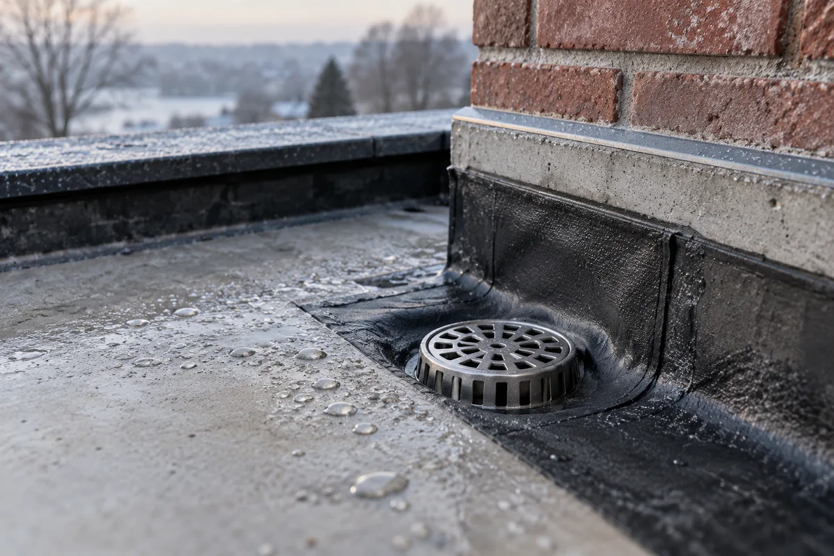 Évacuation d'eau d'une terrasse avec relevé d'étanchéité