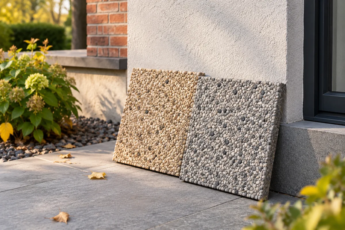 Deux échantillons de tapis de pierre comparés contre une façade