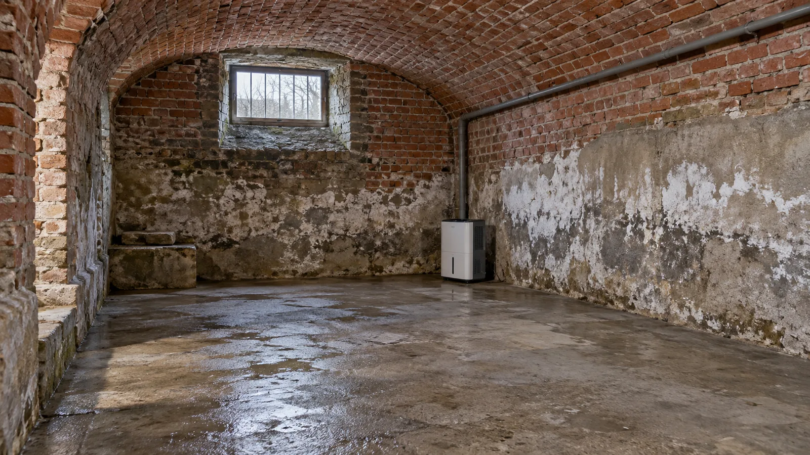 Cave voûtée en briques avec traces d'humidité sur les murs