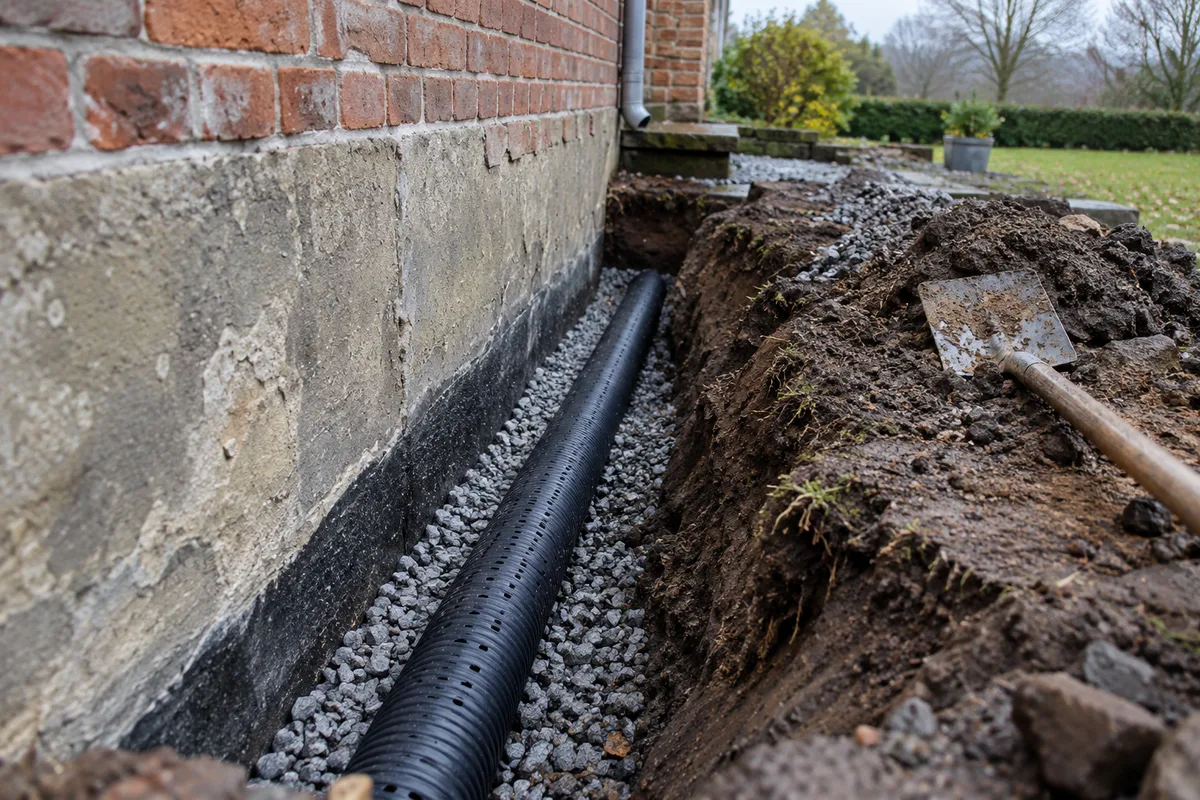 Drain posé dans une tranchée au pied d'un mur de cave