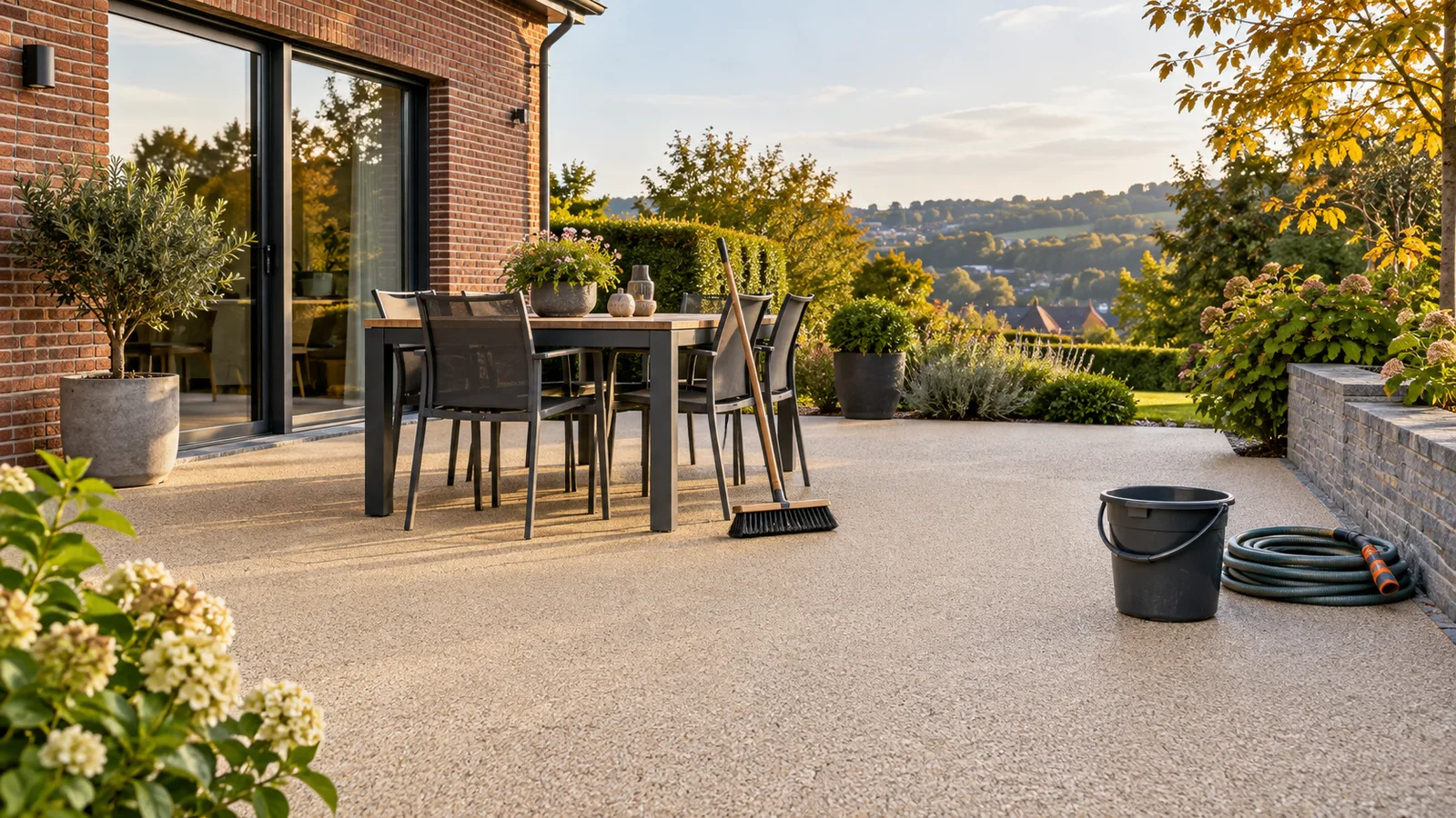 Terrasse en tapis de pierre propre avec balai et seau
