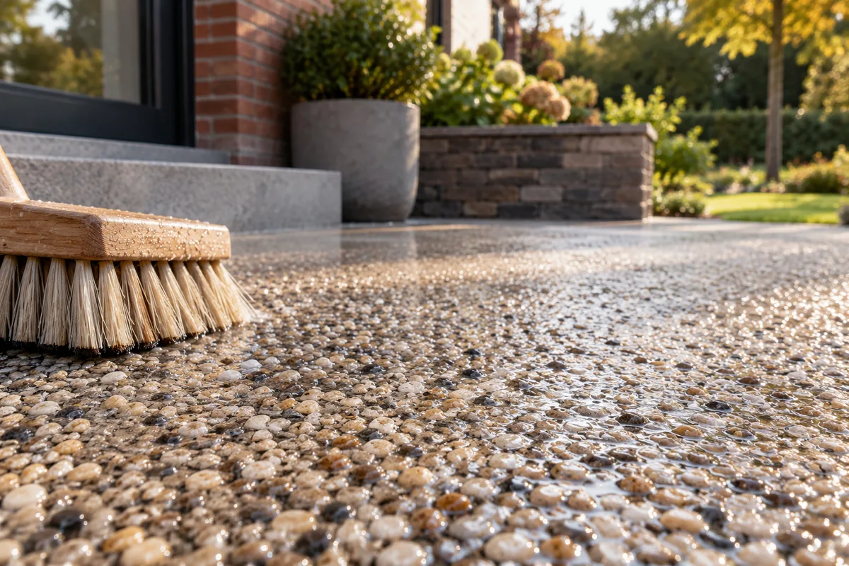 Surface de tapis de pierre rincée avec gouttes d'eau