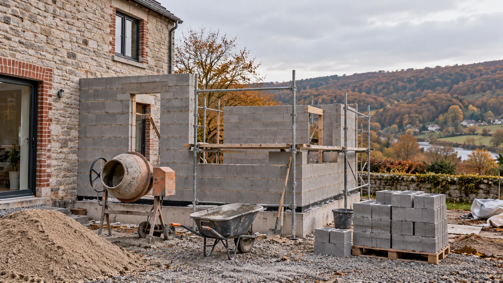 Chantier d'une annexe en blocs de béton accolée à une maison