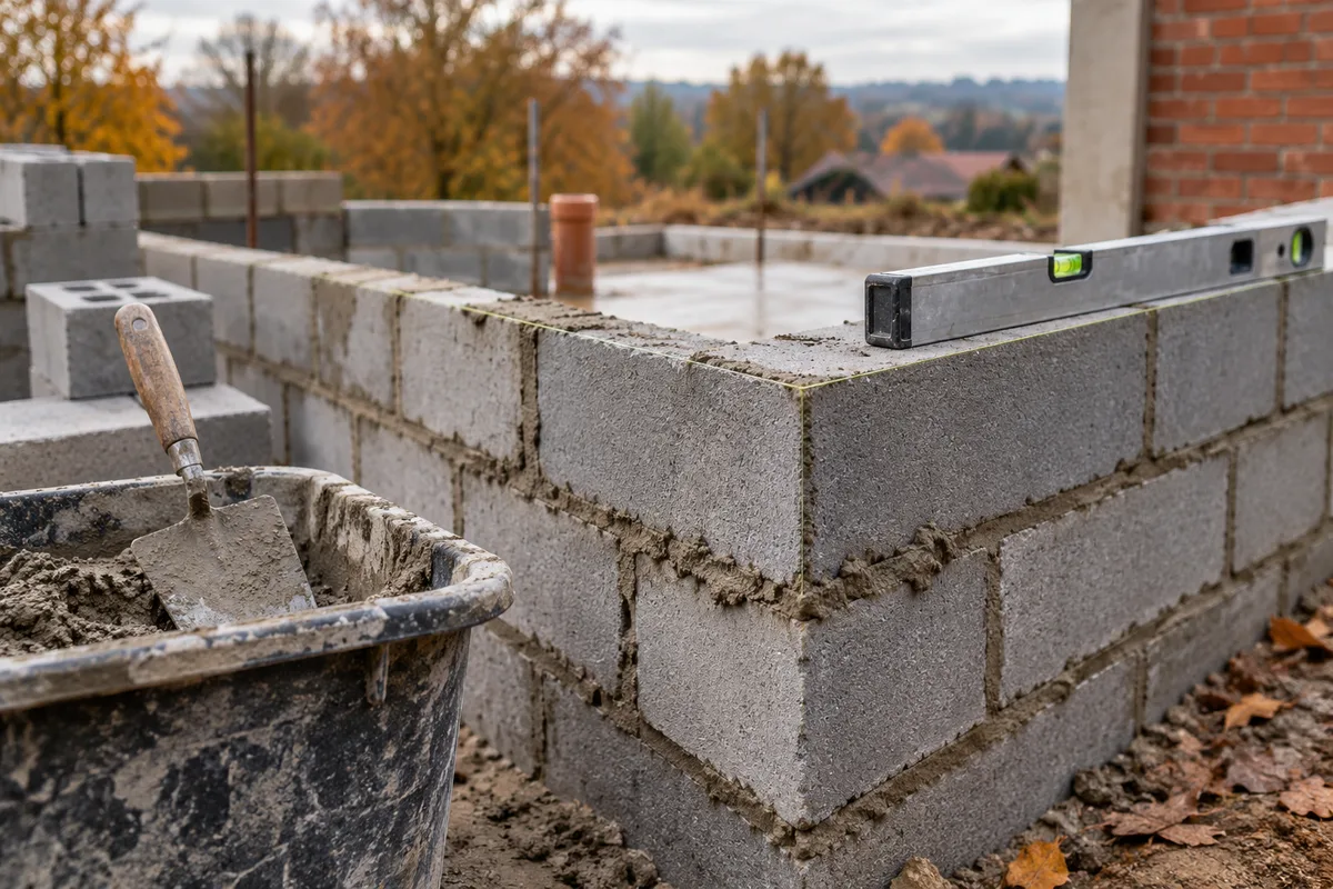 Angle de mur en blocs avec cordeau et niveau à bulle
