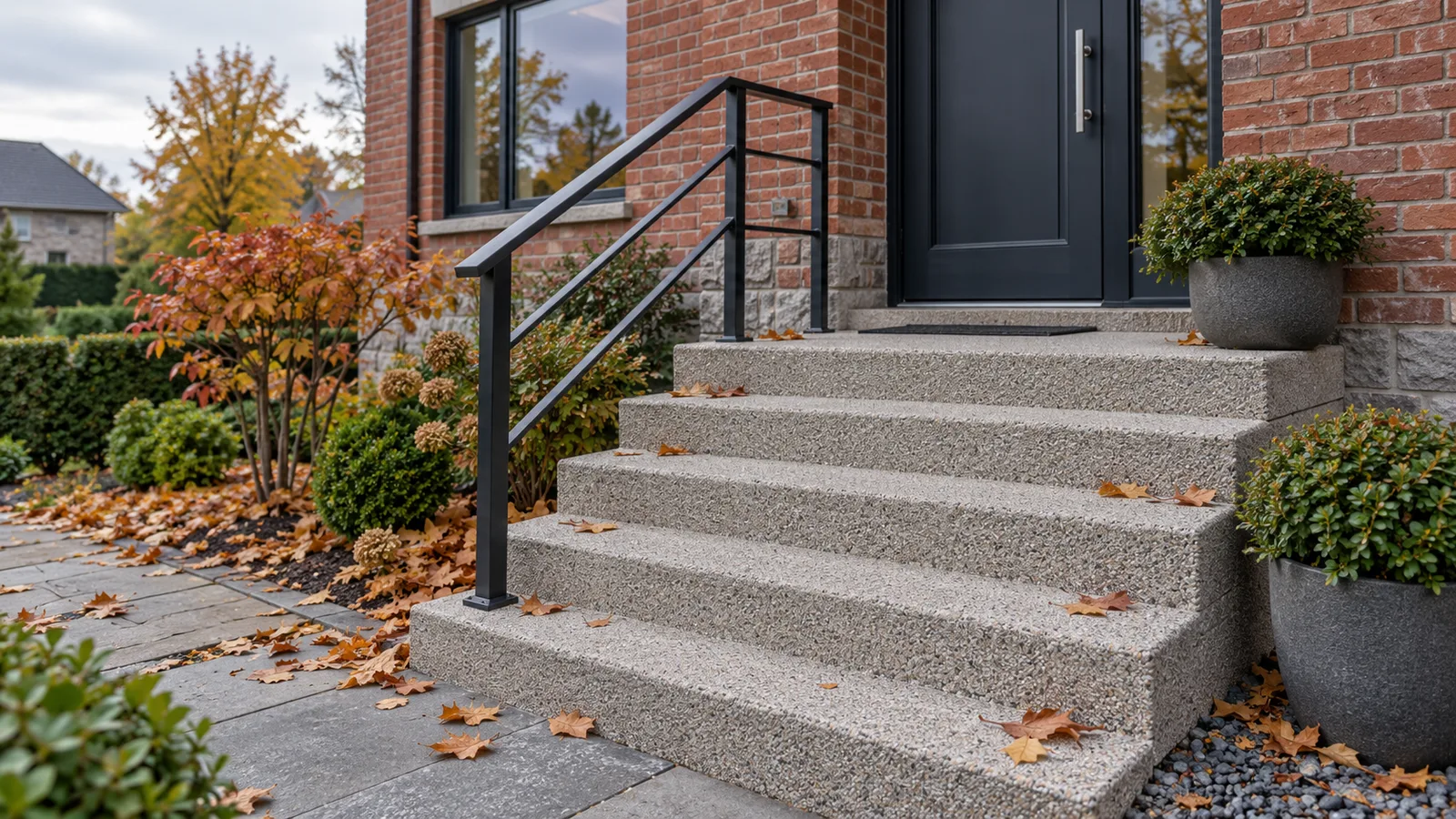 Escalier extérieur recouvert de tapis de pierre devant une porte d'entrée