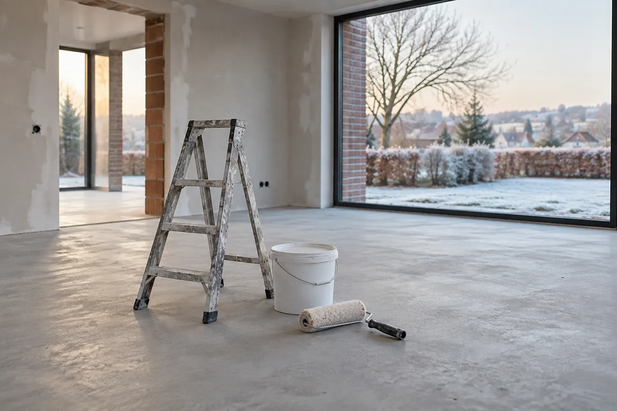 Intérieur d'une extension plâtrée prête pour la peinture