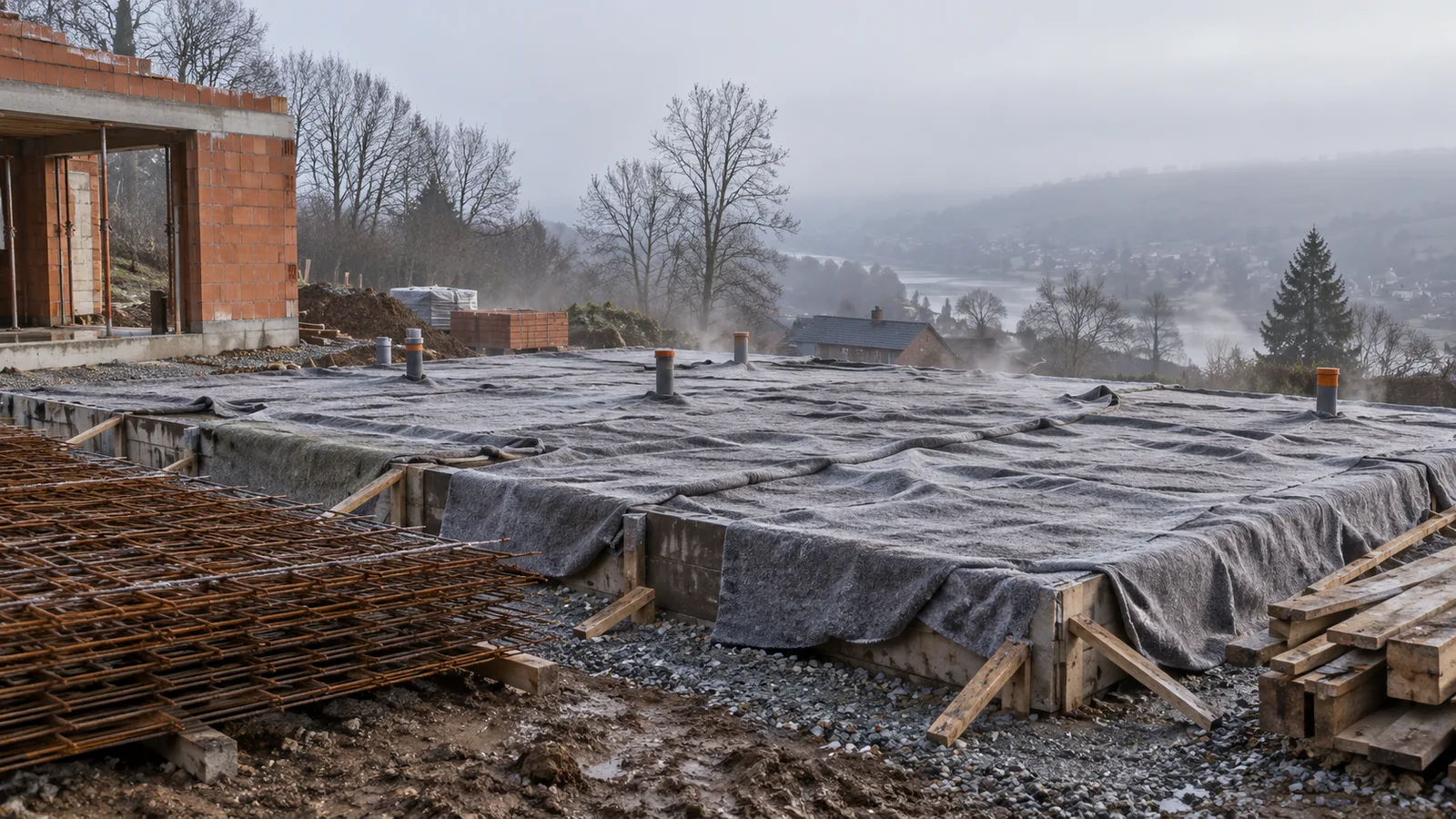 Dalle de béton protégée du gel par des couvertures isolantes