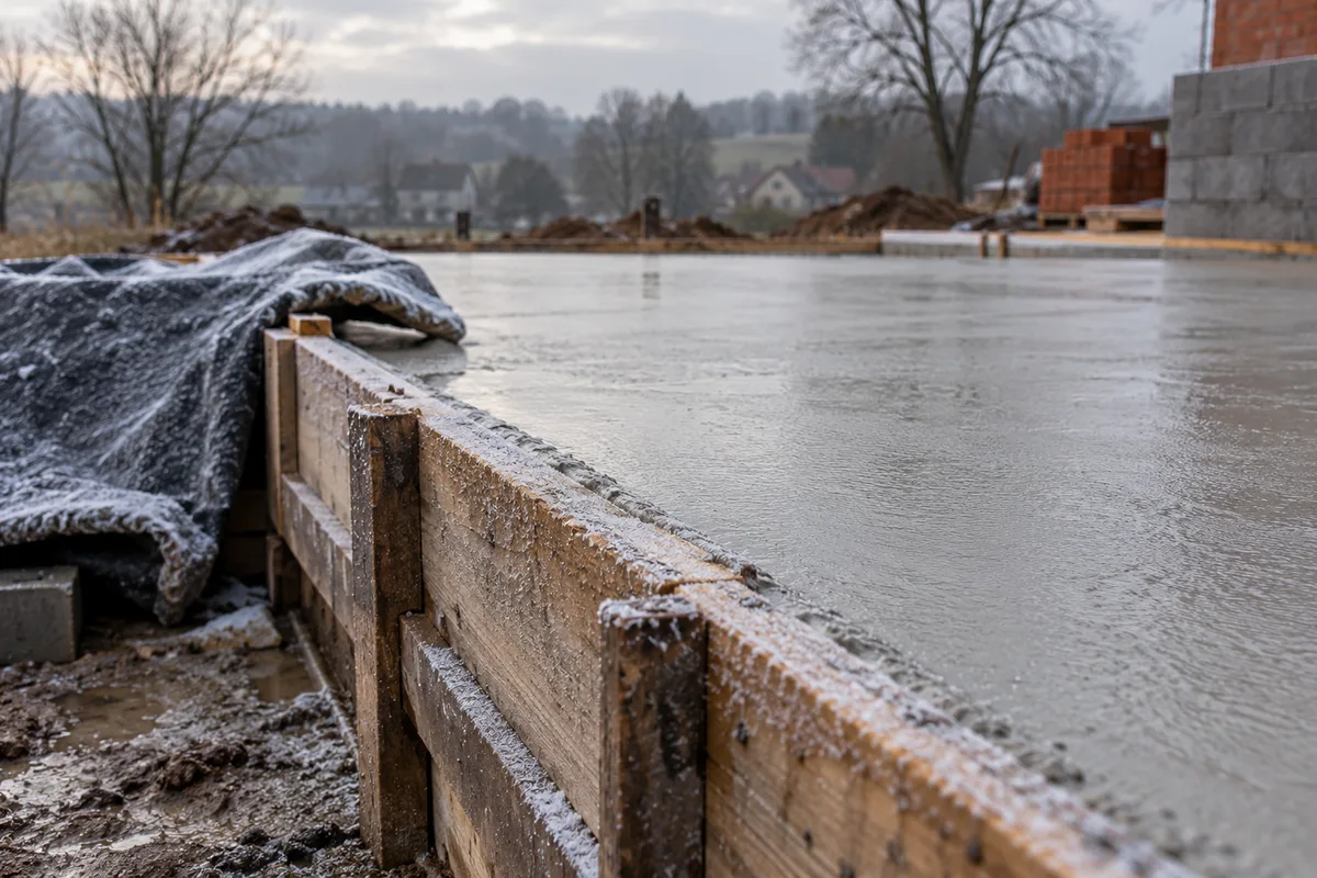 Bord de coffrage avec béton frais et givre léger