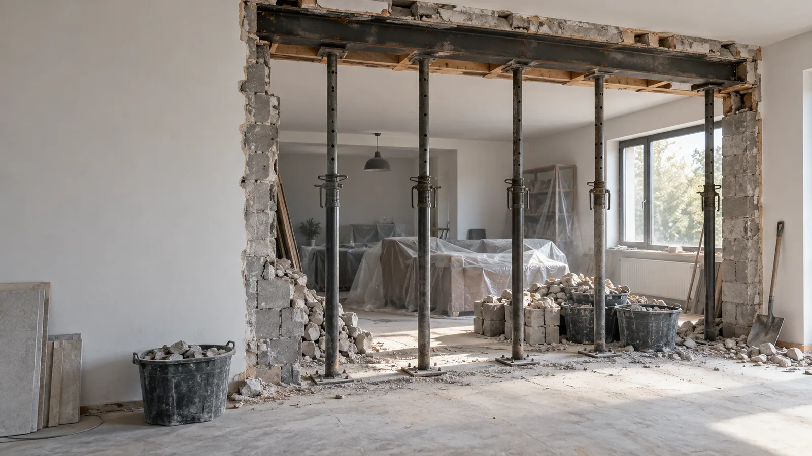 Étais soutenant le plancher devant un mur porteur entrouvert