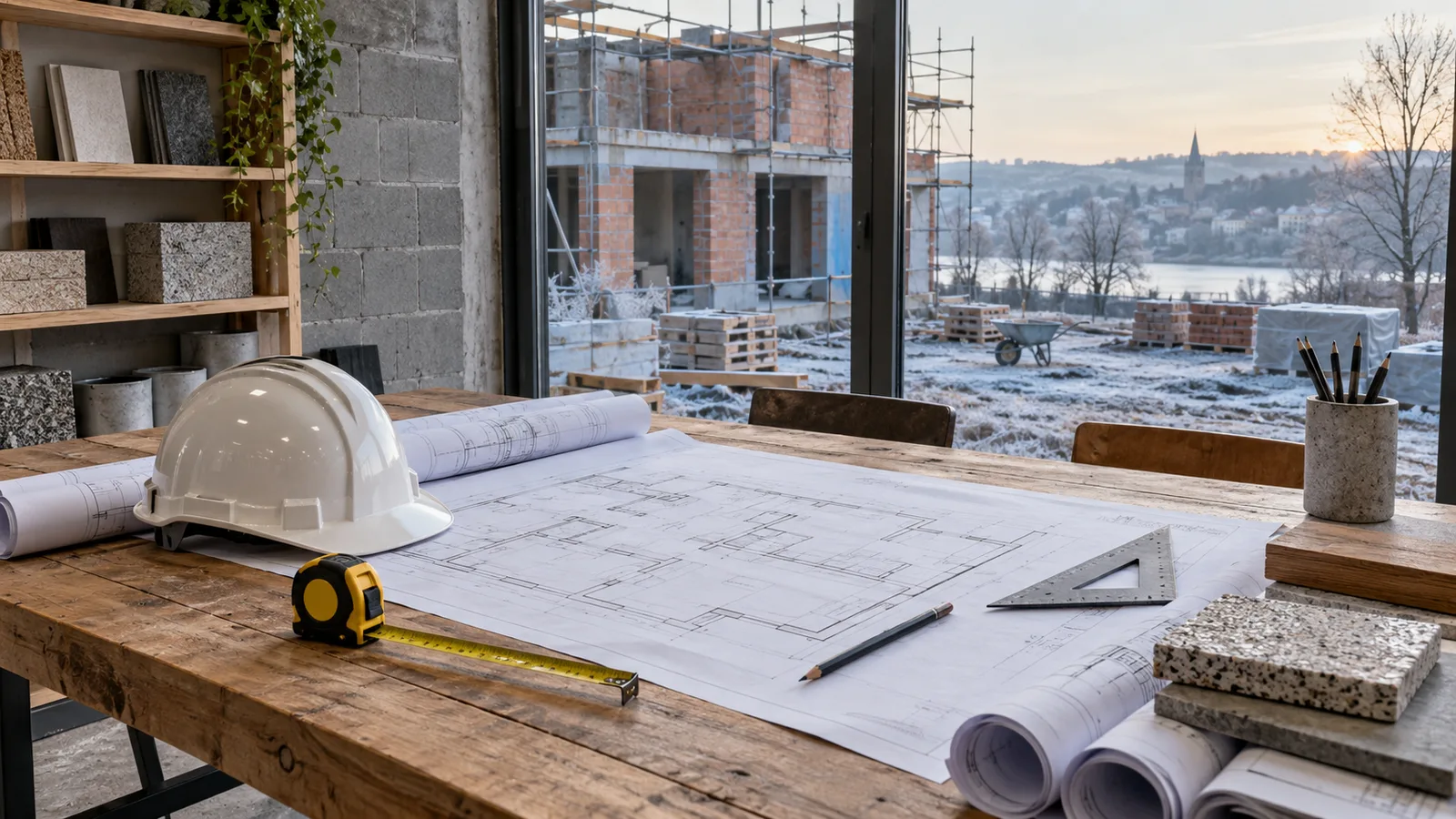 Plans d'architecte, casque et mètre ruban sur une table de bureau