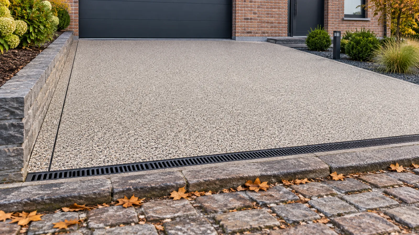 Allée de garage recouverte d'un tapis de pierre drainant