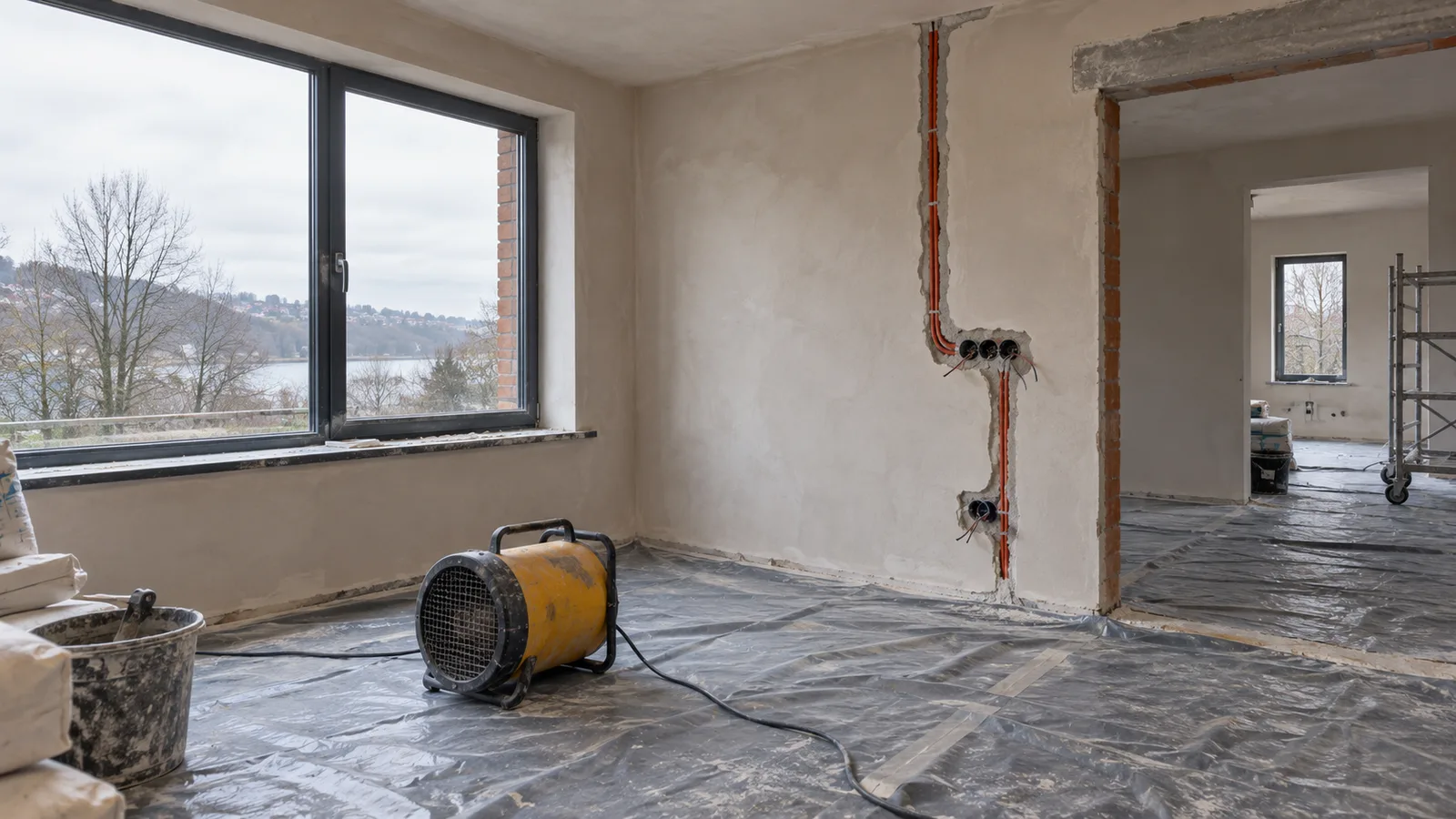Pièce en rénovation avec murs plâtrés et radiateur de chantier