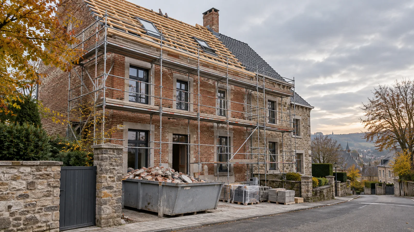 Ancien bâtiment en brique en rénovation sous échafaudage