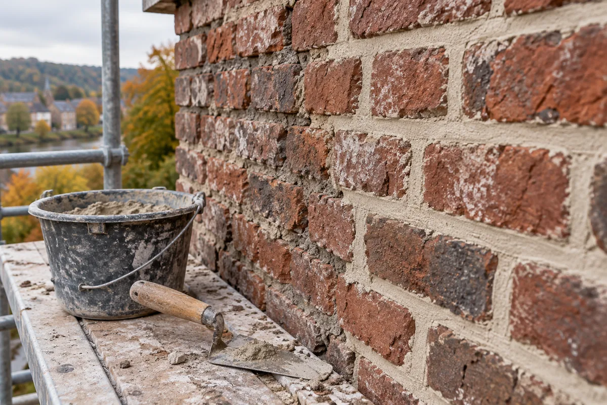 Mur de briques anciennes en cours de rejointoiement