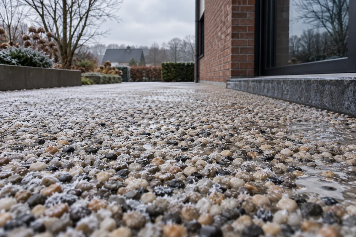 Cristaux de givre sur la surface d'un tapis de pierre