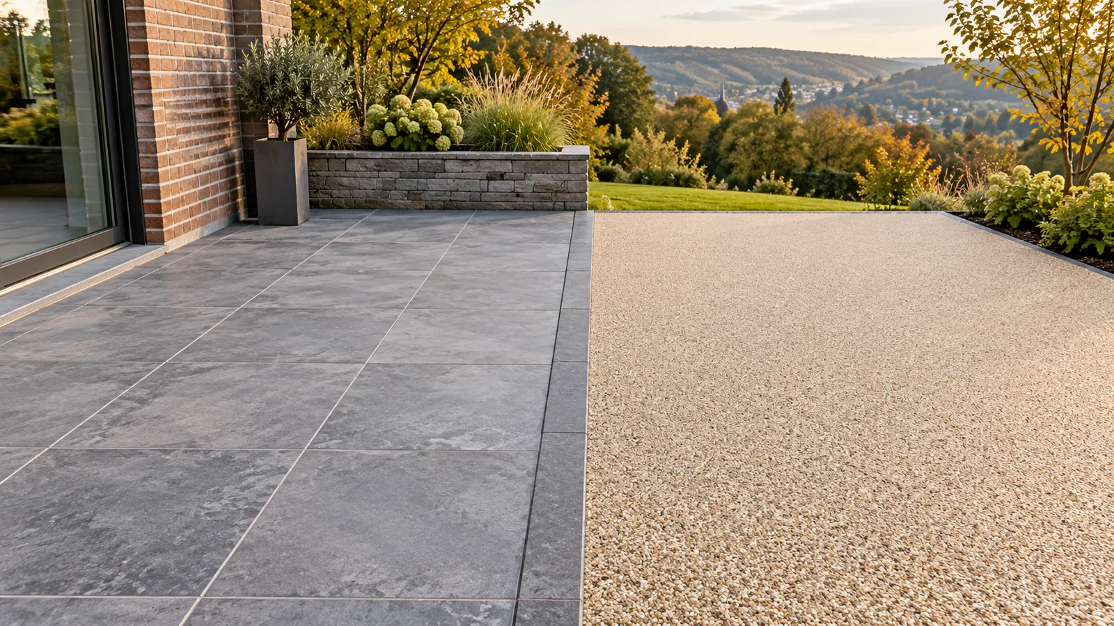 Terrasse comparant carrelage extérieur et tapis de pierre