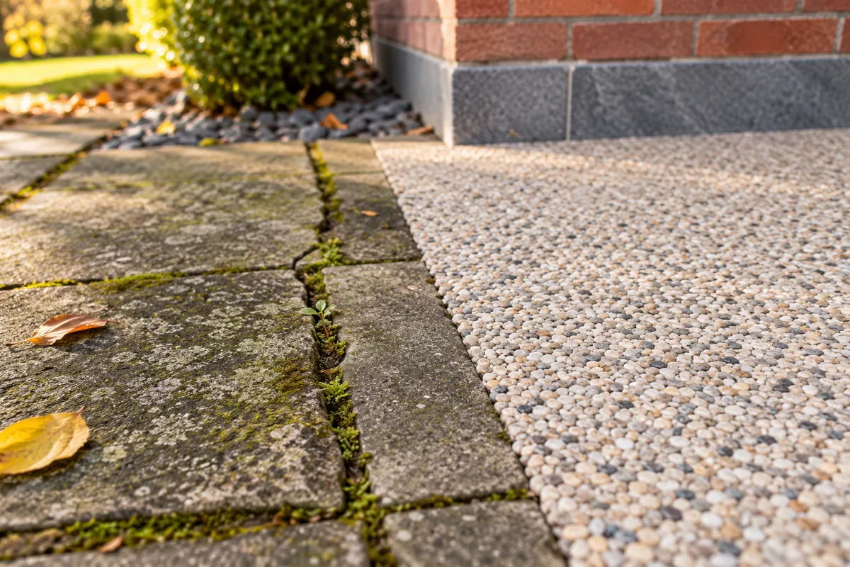 Joint de carrelage mousseux à côté d'un tapis de pierre continu