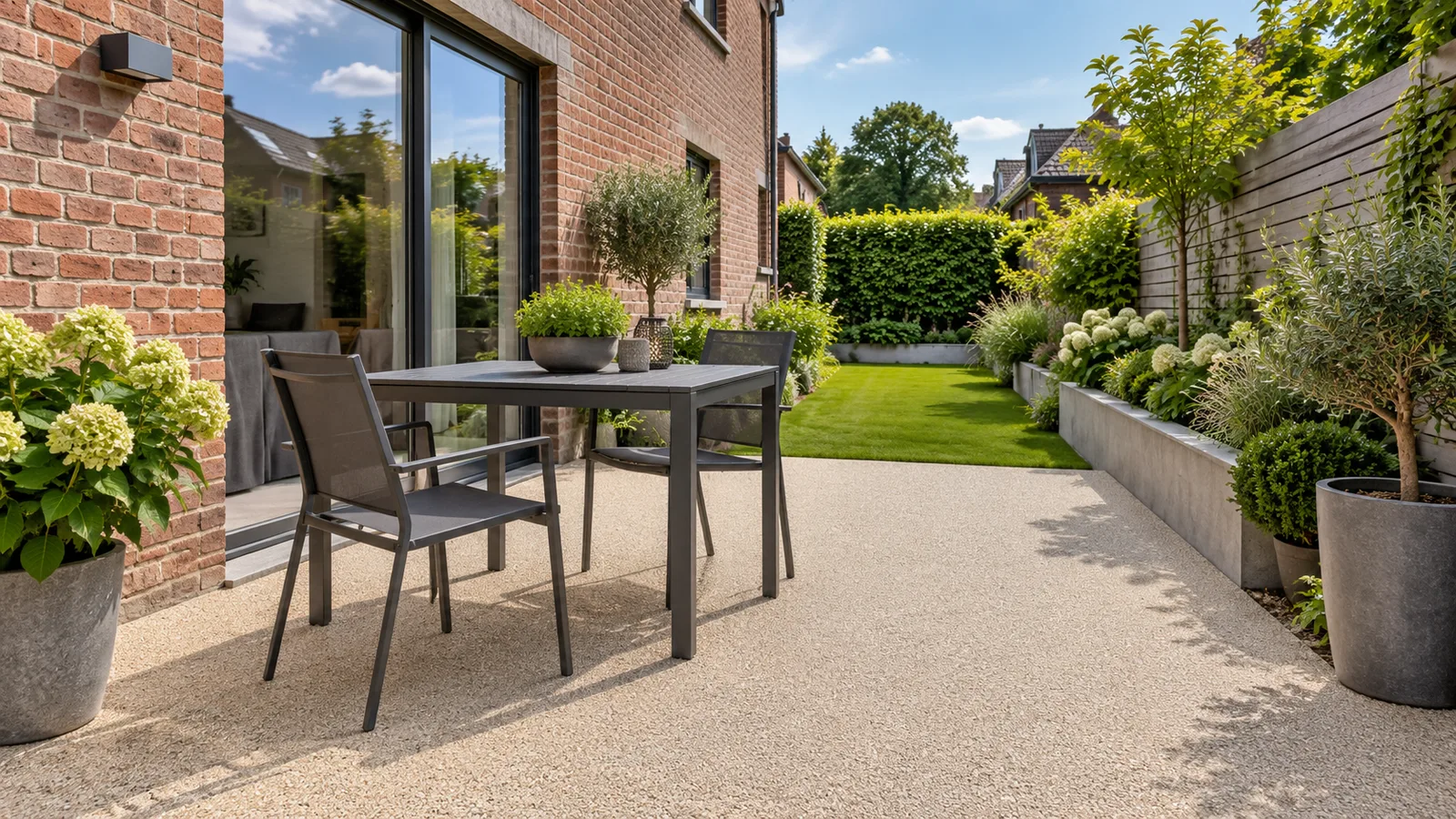 Terrasse de maison mitoyenne rénovée en tapis de pierre